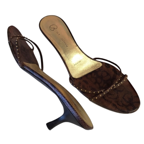 St. John Shoes - St. John Brown Kitten Heels 7 Italian Snakeskin Patterned Studded Brown Sandals